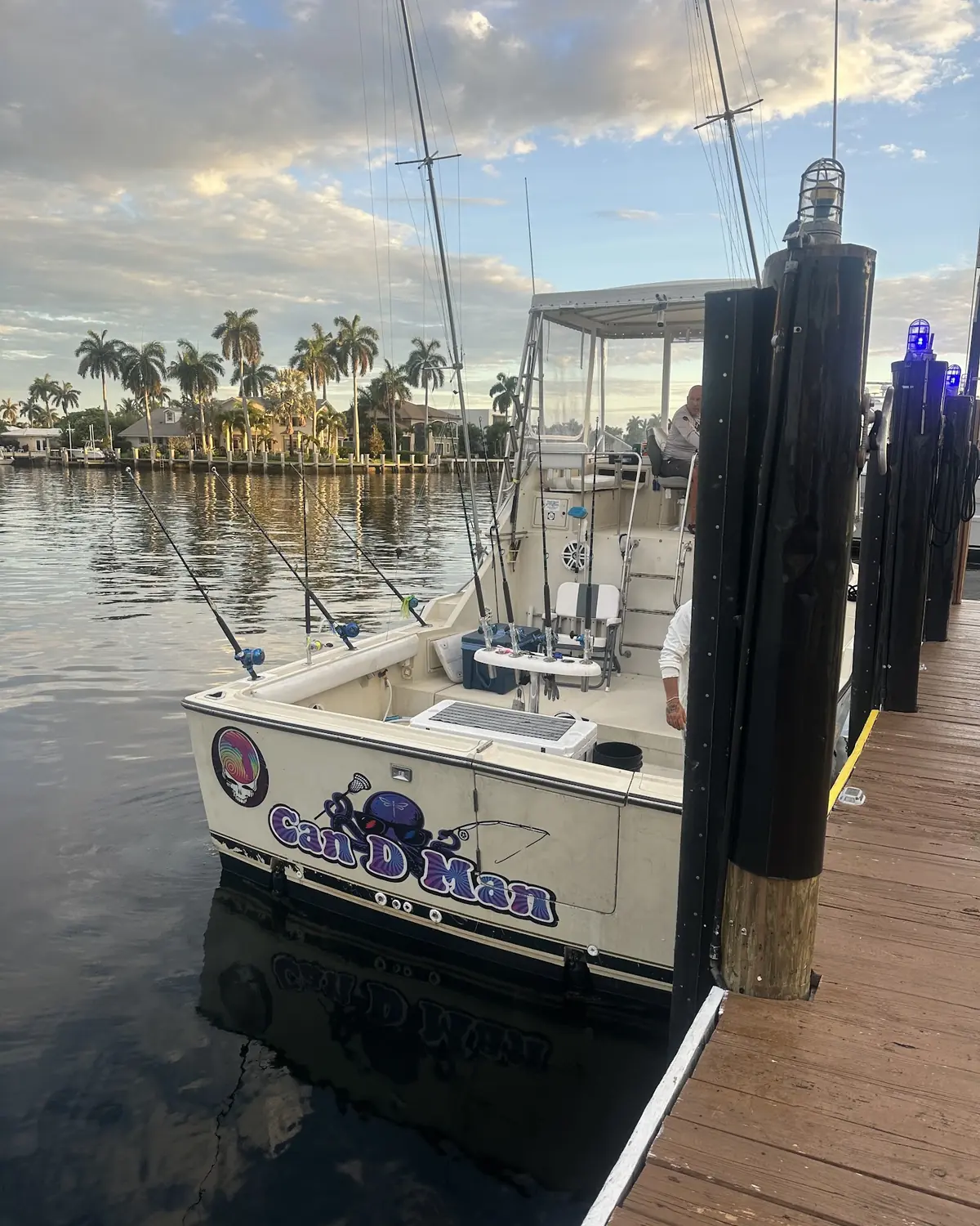 The Gradyful sportfishing boat tied up at its Pompano Beach dock at dusk