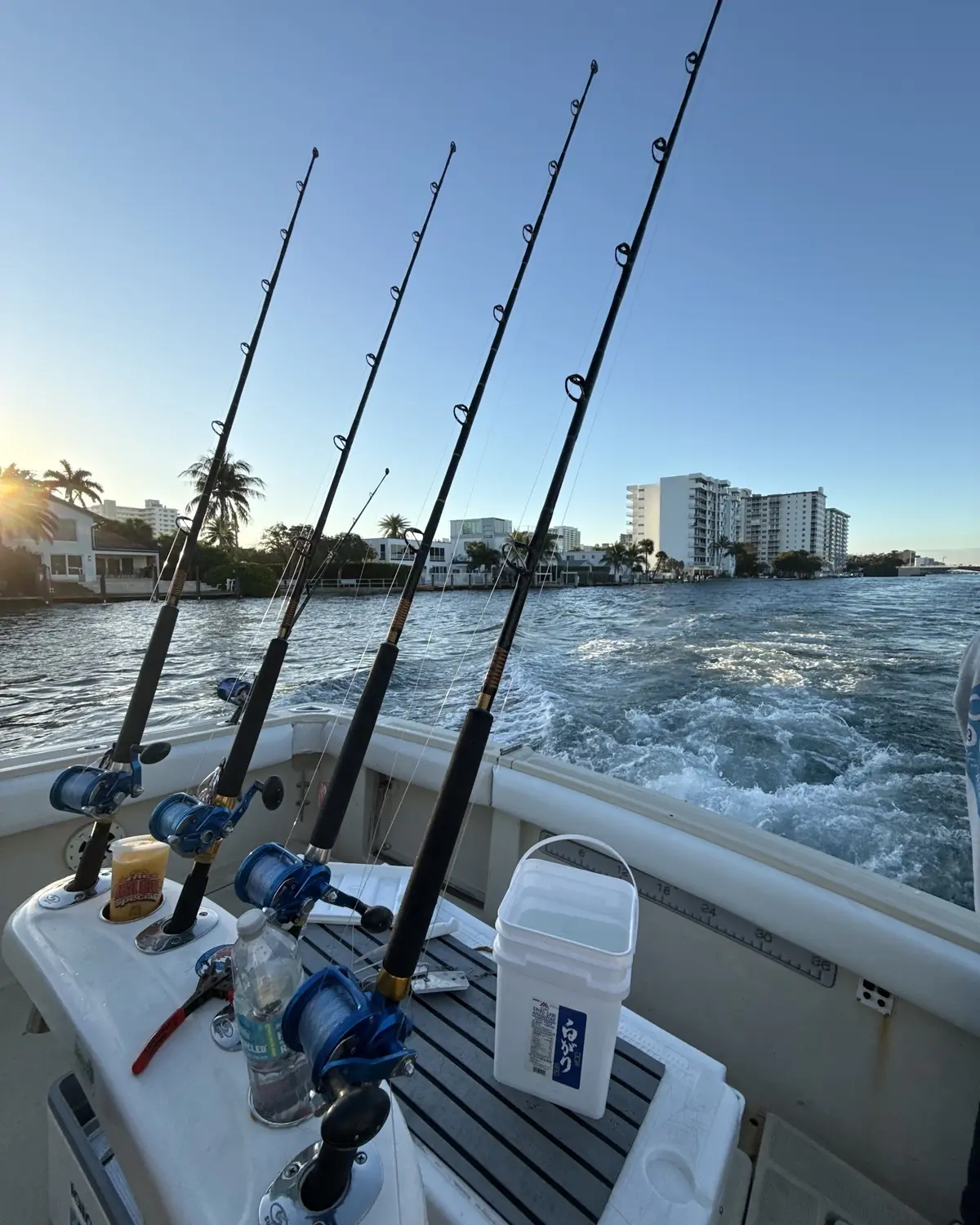 Rods set in the holders as the boat heads out of the inlet at sunrise